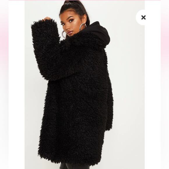PrettyLittleThing Black Faux Fur Teddy Coat Size 10 - Picture 3 of 8